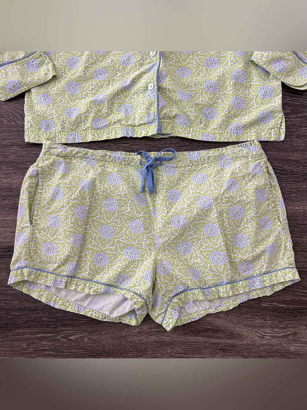 Needham Lane 100% Cotton Pajama Set Women’s L Shorts & Shirt Green Blue Print - Picture 4 of 11